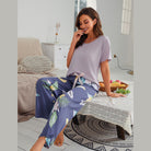 levandų spalvos pižama moterims trumpomis rankovėmis